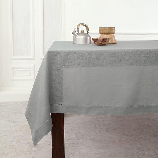 Solino Home Linen Soft Grey Tablecloth 60 x 144 Inch - Classic Hemstitch, 100% Pure Linen Rectangular Tablecloth - Machine Washable Table Cloth for Winter, New Year