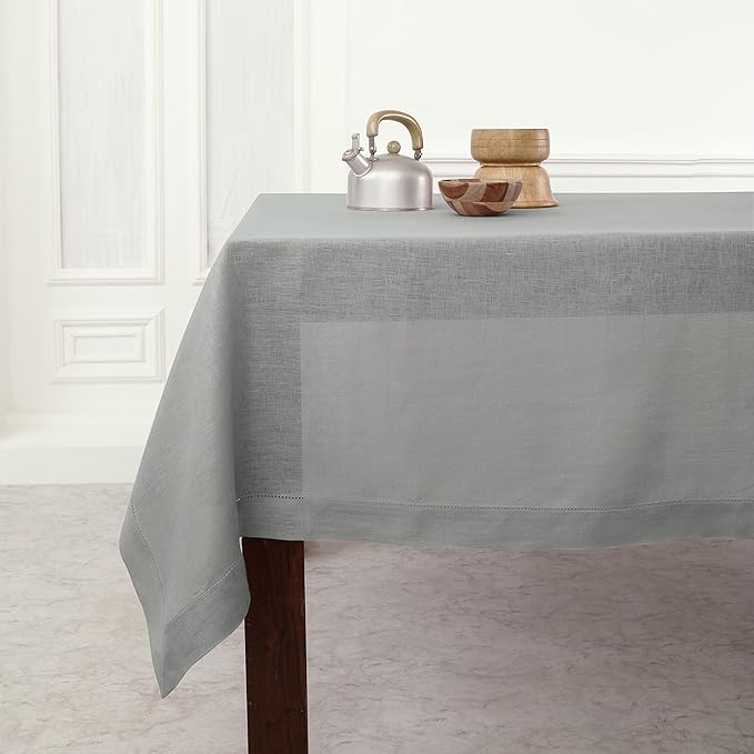 Solino Home Linen Soft Grey Tablecloth 60 x 132 Inch - Classic Hemstitch, 100% Pure Linen Rectangular Tablecloth - Machine Washable Table Cloth for Winter, New Year