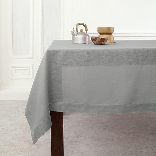 Solino Home Linen Tablecloth 60 x 108 Inch - Classic Hemstitch 100% Pure Linen Soft Grey Table Cloth for Rectangle Tables - Machine Washable Tablecloth for Winter, New Year