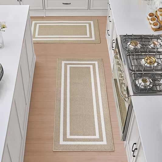 Nautica – Runner Rug 2 Piece Set | Indoor Runners for Hallways and Entry Rugs| Non-Skid Entry and Kitchen Door Mat| Machine Washable Carpet Rugs | 2'2" x 3'9" and 2'2" x 5' | Double Border Beige
