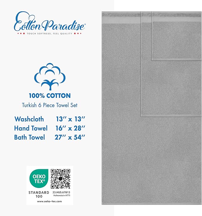 Cotton Paradise 6 Piece Towel Set 100% Cotton Soft Absorbent Turkish Towels for Bathroom 2 Bath Towels 2 Hand Towels 2 Washcloths Light Gray Towel Set