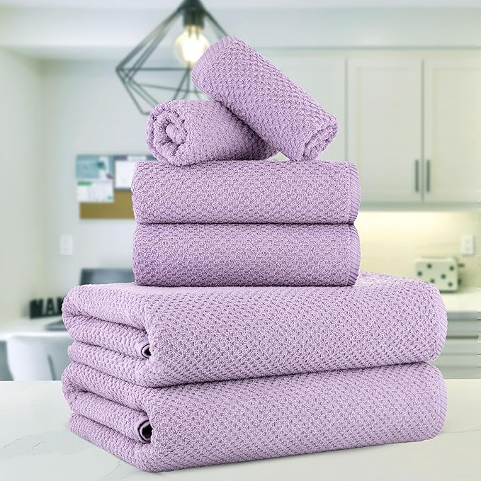 CASA COPENHAGEN Popcorn 6 Pieces Towel Set- Purple Rose, 600 GSM 2 Bath Towel 2 Hand Towel 2 Washcloth, Designed in Denmark Made of Soft Egyptian Cotton for Bathroom, Kitchen & Shower