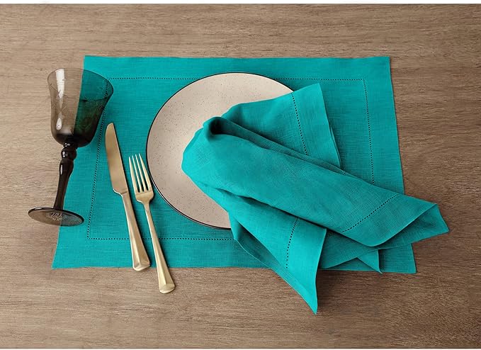 Solino Home Linen Placemats Set of 4 - Classic Hemstitch Teal Placemats 14 x 19 Inch - 100% Pure Linen Table Mats for New Year