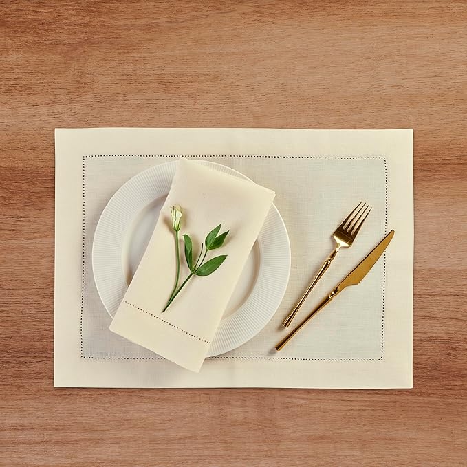 Solino Home Linen Cloth Placemats Set of 4-100% Pure Linen Medium Weight Hemstitch Creamy Ivory Placemats 14 x 19 Inch - Handcrafted and Machine Washable Table Place Mats