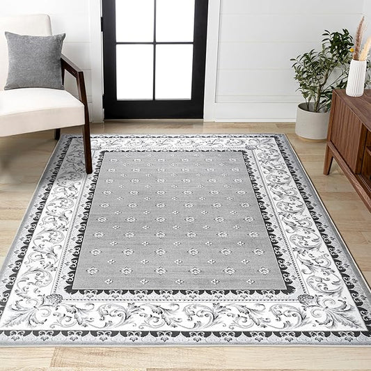 JONATHAN Y Acanthus French Border Gray/Cream Indoor Area Rug, 5x8, Vintage, Bohemian, Easy-Cleaning for Living Room, Bedroom, Kitchen, Pet Friendly, Non-Shedding (MDP504D-5)