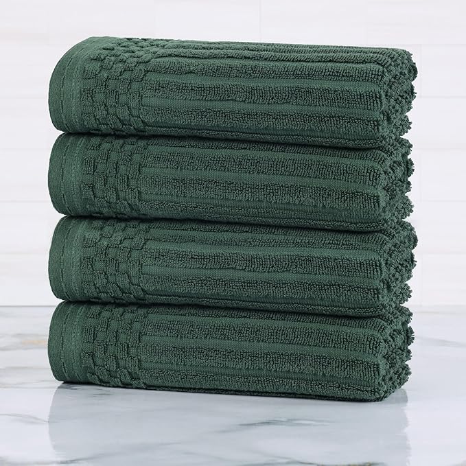 Superior Cotton Hand Towel Set of 4, Daily Use for Bathroom, Kitchen, Guest Bath, Quick Dry Small Towels, Face, Hand, Gym, Spa, Hotel, Absorbent, Essentials, Ribbed, Soho Collection, Forest Green