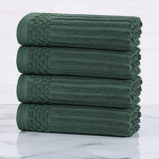 Superior Cotton Hand Towel Set of 4, Daily Use for Bathroom, Kitchen, Guest Bath, Quick Dry Small Towels, Face, Hand, Gym, Spa, Hotel, Absorbent, Essentials, Ribbed, Soho Collection, Forest Green