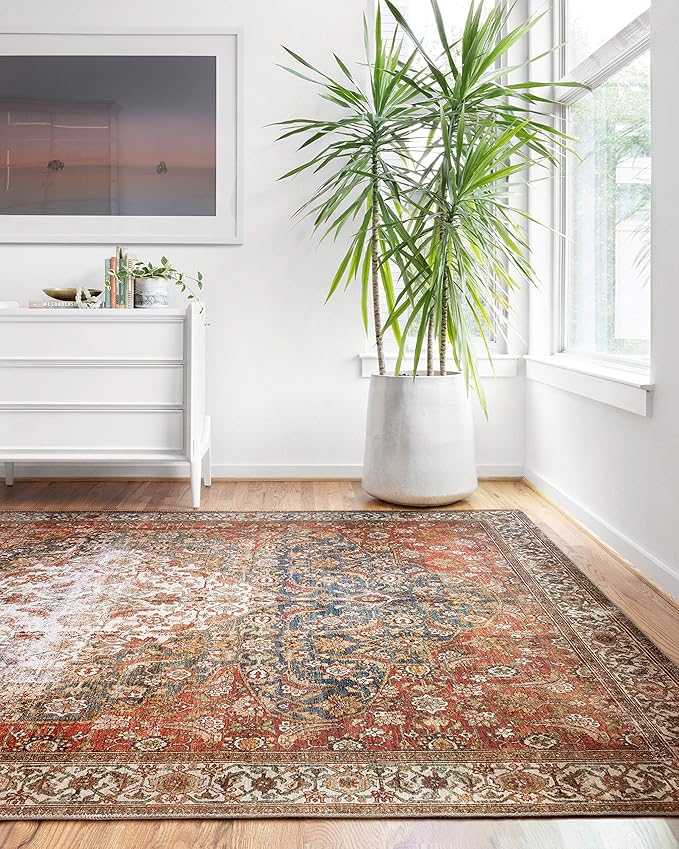 Loloi Layla Collection LAY-05 Ocean/Multi 9'-0" x 12'-0" .13" Thick Area Rug, Soft, Durable, Vintage Inspired, Distressed, Low Pile, Non-Shedding, Easy Clean, Printed, Living Room Rug