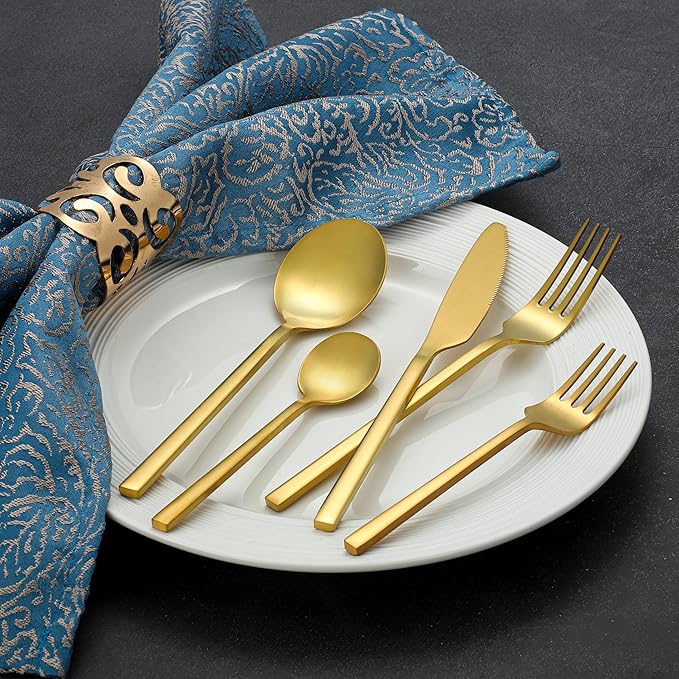 40-Piece Gold Silverware Set, Rectangular Flatware Set for 8, Matte Stainless Steel Cutlery Set, Food-Grade Utensils Set, for Home Kitchen Restaurant, Dishwasher Safe