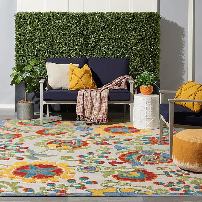 Nourison Aloha Indoor/Outdoor Ivory/Multi 7' x 10' Area -Rug, Easy -Cleaning, Non Shedding, Bed Room, Living Room, Dining Room, Backyard, Deck, Patio (7x10)