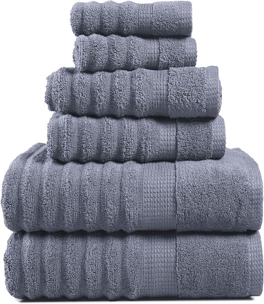 LANE LINEN Towels for Bathroom - 100% Cotton Bath Towel Set of 6 - Includes 2 Bath, 2 Bathroom Hand Towels, 2 Wash Cloths for Your Face - Zero Twist, Ribbed, Quick Dry Towel for Daily Use - Cool Grey