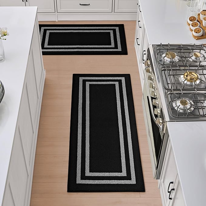 Nautica – Runner Rug 2 Piece Set | Indoor Runners for Hallways and Entry Rugs| Non-Skid Entry and Kitchen Door Mat| Machine Washable Carpet Rugs | 2'2" x 3'9" and 2'2" x 5' | Double Border Black