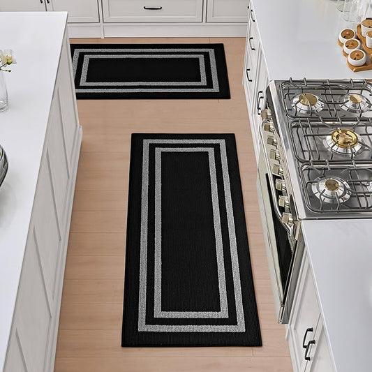 Nautica – Runner Rug 2 Piece Set | Indoor Runners for Hallways and Entry Rugs| Non-Skid Entry and Kitchen Door Mat| Machine Washable Carpet Rugs | 2'2" x 3'9" and 2'2" x 5' | Double Border Black