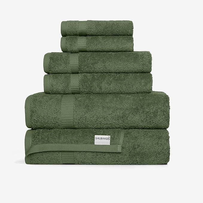 SALBAKOS 100% Turkish Cotton 6-Piece Towel Set | Heirloom Quality Hotel & Spa Collection | Soft, Super Absorbent 2 Washcloth, 2 Hand, 2 Bath Towel Sets | Made in Turkey (Green, 6 Piece Towel Set)
