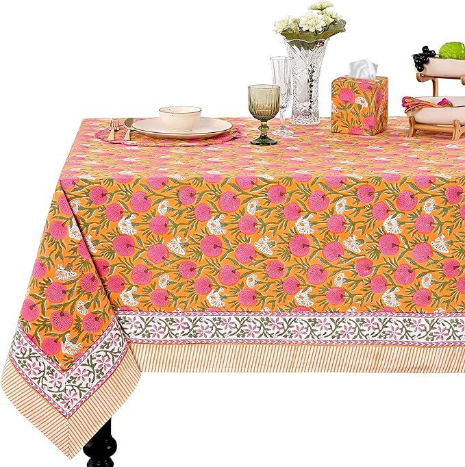 Ridhi Bubblegum Pink Hand Block Print Cotton Rectangle Tablecloth 190" x 72" inches Reusable Table Cover Decorative Everyday Use for Dining, Farmhouse, Home, Party, Festive, Wedding, Fall