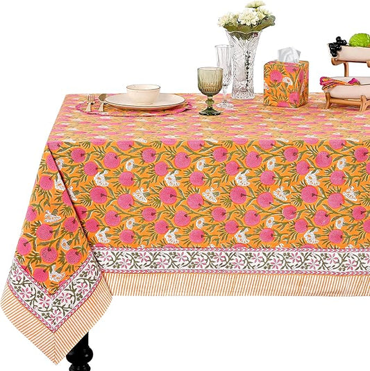 Ridhi Bubblegum Pink Hand Block Print Cotton Rectangle Tablecloth 120" x 80" inches Reusable Table Cover Decorative Everyday Use for Dining, Farmhouse, Home, Party, Festive, Wedding, Fall