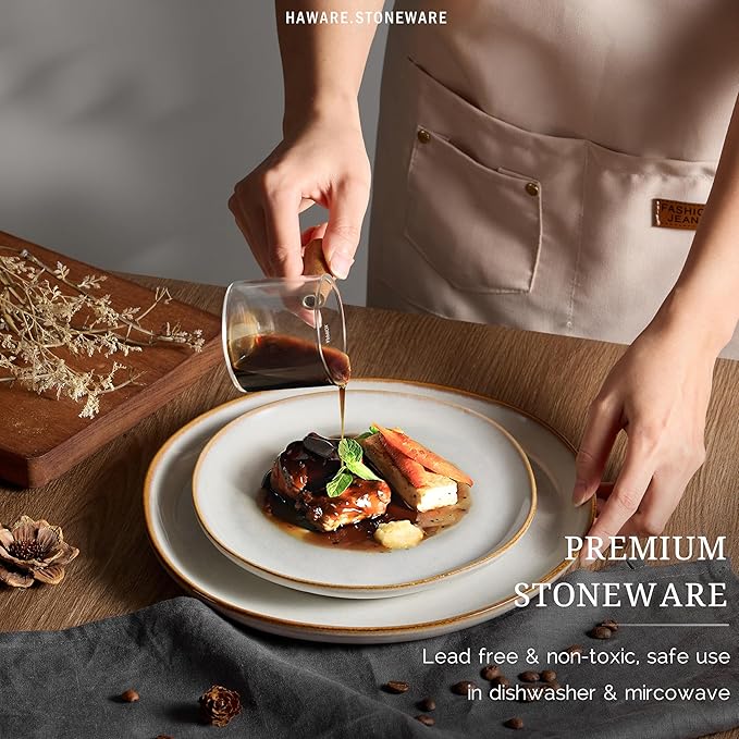 HaWare Plates and Bowls Set, Stoneware Dinnerware Sets, 24-Piece Hand-painted Dishware for 6, Ceramic Dish Set for Home Kitchen, Scratch Resistant, Microwave and Dishwasher Safe, Reactive Pearl White