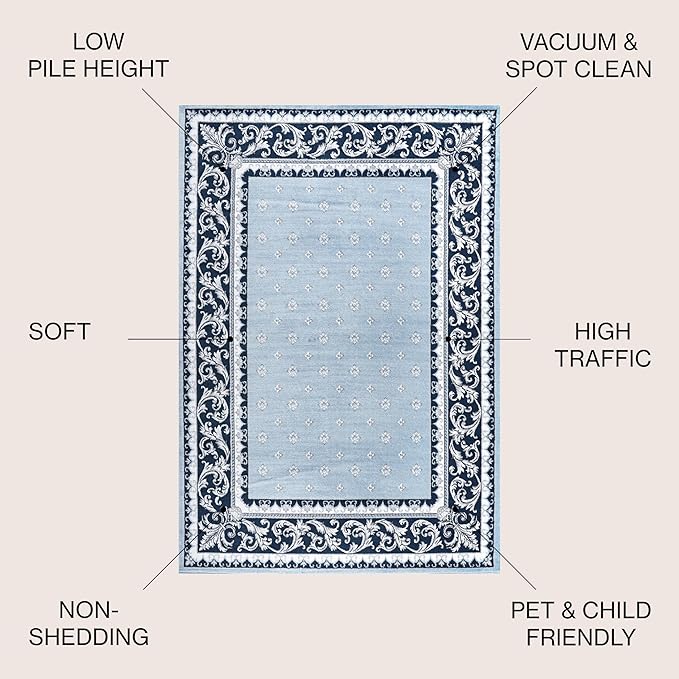 JONATHAN Y Acanthus French Border Blue/Navy Indoor Area Rug, 3x5, Vintage, Bohemian, Easy-Cleaning for Living Room, Bedroom, Kitchen, Pet Friendly, Non-Shedding (MDP504E-3)