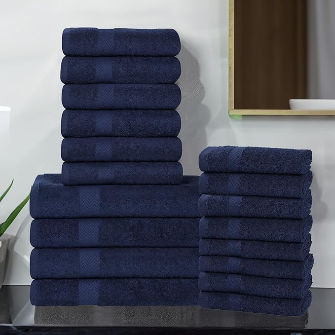 Superior 18-Piece Cotton Assorted Towel Set, Includes 8 Face/Washcloths, 6 Hand, and 4 Bath Towels, Lightweight Essentials, for Home, Gym, Bathroom, Quick Drying, Franklin Collection, Navy Blue