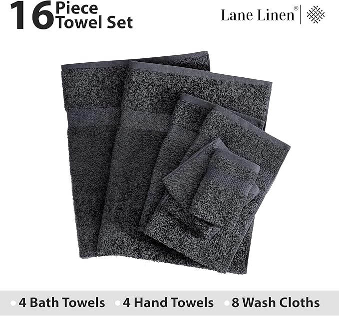 LANE LINEN 100% Cotton Luxury Towel Set for Bathroom - 16 Pieces, Ring Spun - Super Plush, Very Soft & Absorbent - 4 Bath Towels, 8 Washcloths, 4 Hand Towels - Suitable for All Skin Types - Black