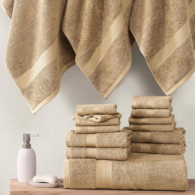 Lane Linen 100% Cotton Towel Set for Bathroom - 24 PCs - Durable, Soft, Quick Dry & Absorbent Towels - 2 Bath Sheet, 4 Fingertip, 8 Washcloths, 4 Bath & 6 Hand Towels for Bathroom - Family Set - Beige