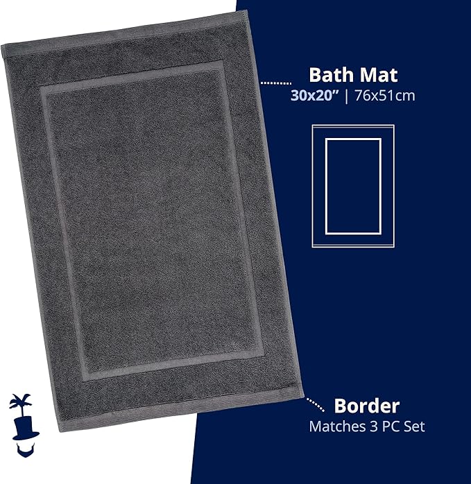 Lincoln & Palm 1-Piece Turkish Cotton Bath Mat - Soft, Plush, and Absorbent - 1000 GSM Thick Luxury Spa and Hotel Style - No Rubber Backing - Silver-Infused SILVERbac (1 Piece Bath Mat, Charcoal)