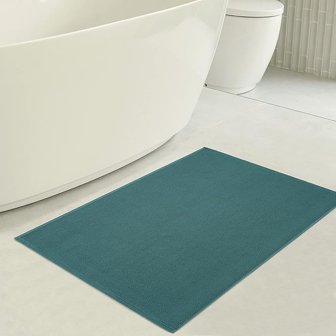 American Soft Linen Bath Rug, 17 in 24 in 100% Cotton Bath Mats Rugs for Bathroom, Slip Reducer Washable Shaggy Form Area Rugs, Colonial Blue Bath Rug