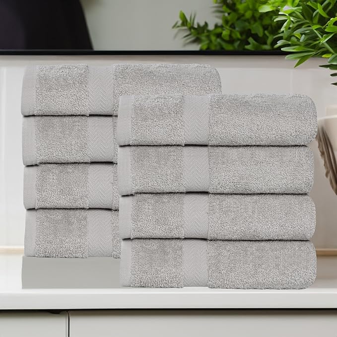 Superior 8-Piece Cotton Hand Towel Set, Small Towels for Fast Dry, Home Essentials, Bathroom Decor, Face, Body, Spa, Resort, Gym, Lightweight, Soft, House Accessories, Franklin Collection, Silver