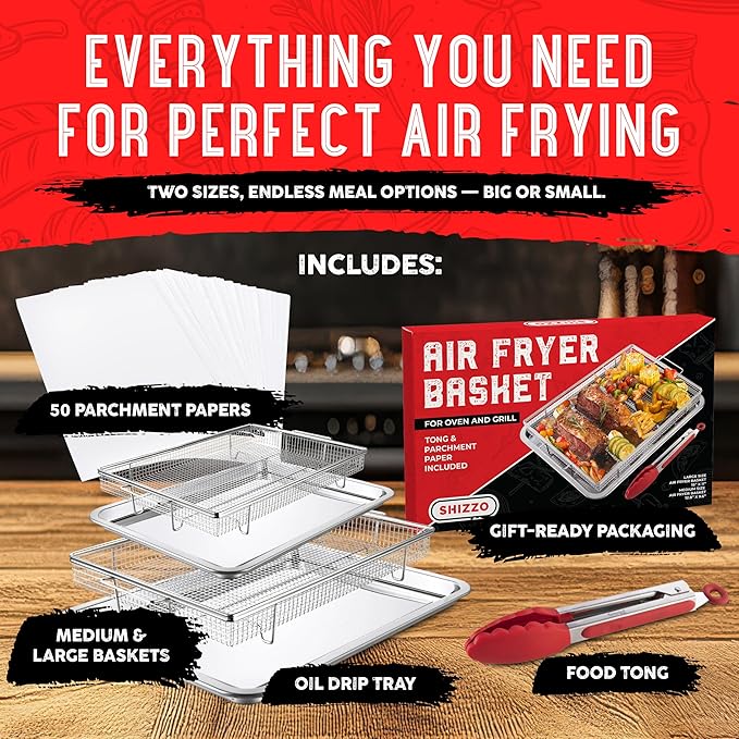 Air Fryer Basket for Oven(Set of 2) – Stainless Steel Air Fryer Tray and Pan Set with 50 Parchment Papers & Food Tongs – Oven Air Fryer Basket and Tray for Baking, Grilling, Crisping