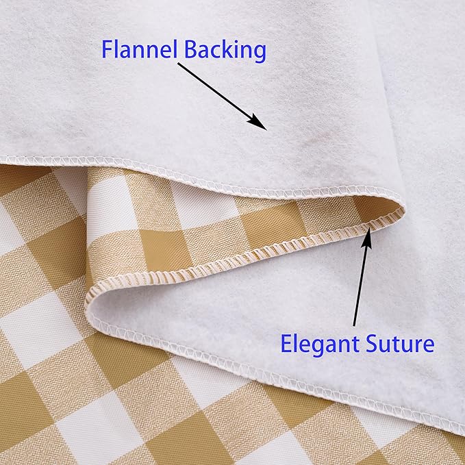 Heavy Duty Vinyl Tablecloth with Flannel Backing Waterproof Oil-Proof Plastic Table Cloth Stain-Resistant Wipeable Rectangle or Square Table Cover for Indoor and Outdoor (Khaki Checkered, 52x70 Inch)