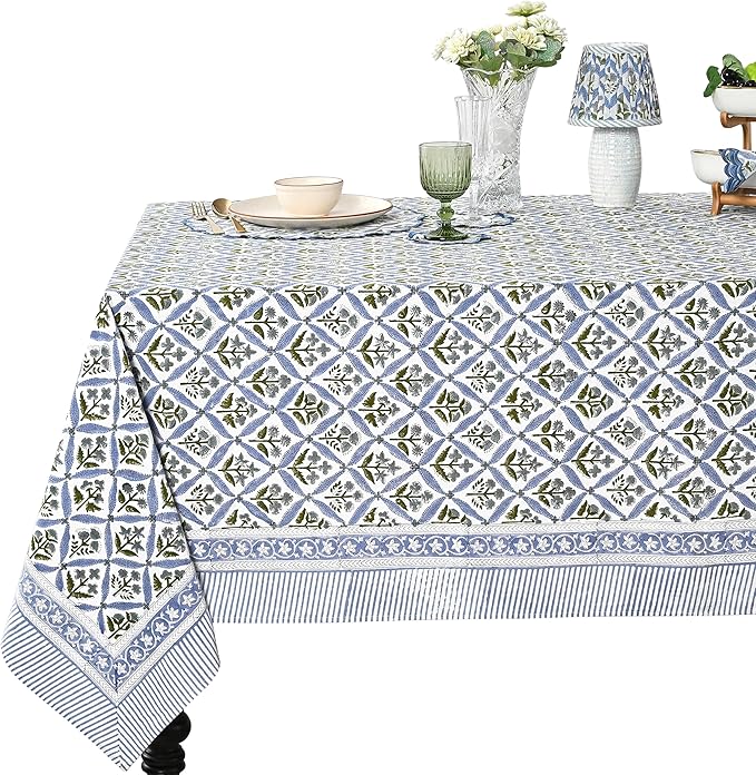 Ridhi Light Steel Blue Hand Block Print Cotton Rectangle Tablecloth 120" x 60" inches Reusable Table Cover Decorative Everyday Use for Dining, Farmhouse, Home, Party, Festive, Wedding, Fall