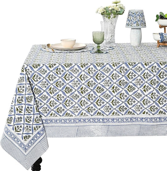 Ridhi Light Steel Blue Hand Block Print Cotton Rectangle Tablecloth 108" x 60" inches Reusable Table Cover Decorative Everyday Use for Dining, Farmhouse, Home, Party, Festive, Wedding, Fall