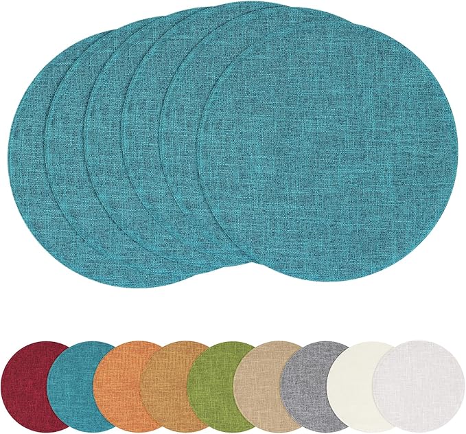 homing 15 Inch Round Cloth Placemats Set of 6, Cotton Linen Blend Washable Table Mats, Farmhouse Dining Place Mats for Indoors & Outdoors, Easy to Clean, Teal