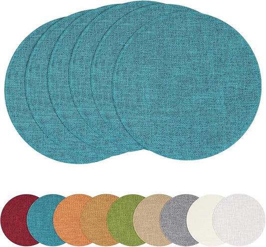 homing 15 Inch Round Cloth Placemats Set of 6, Cotton Linen Blend Washable Table Mats, Farmhouse Dining Place Mats for Indoors & Outdoors, Easy to Clean, Teal
