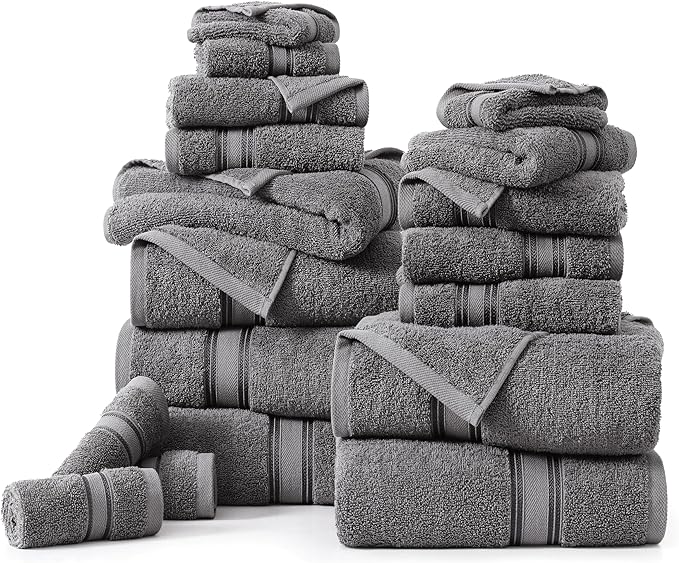 LANE LINEN 100% Mercerized Cotton Bath Towels Set of 18 – Zero Twist, 6 Bath, 6 Hand Towel & 6 Washcloths, Soft, Ideal for Spa Hotel & Home, Gentle on Body, Durable After Multiple Washes – Cool Grey