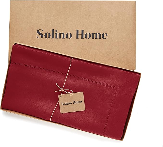 Solino Home Linen Tablecloth 60 x 120 Inch - Classic Hemstitch 100% Pure Linen Red Table Cloth for Rectangle Tables - Machine Washable Tablecloth for Valentines, Winter, New Year