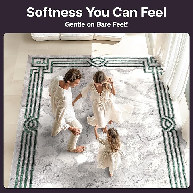 Well Woven Lezlee Abstract Modern 5'3" x 7'3" Area Rug - Emerald Green Marble Border - for Living Room, Dining Room, Bedroom