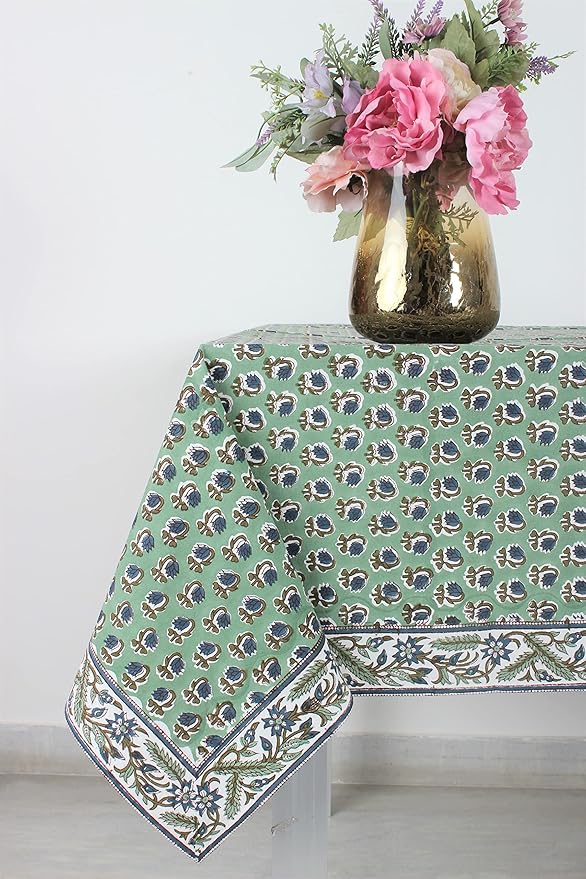Ridhi Basil Green Hand Block Print Cotton Rectangle Tablecloth 140" x 72" inches Reusable Table Cover Decorative Everyday Use for Dining, Farmhouse, Home, Party, Festive, Wedding, Fall