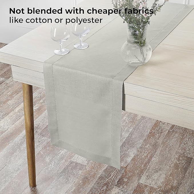 D'Moksha Homes Linen Silver Grey Table Runner 90 Inches Long - Classic Hemstitch 100% Pure Linen Dining Table Runner 14 x 90 Inch for Winter, Holiday, New Year