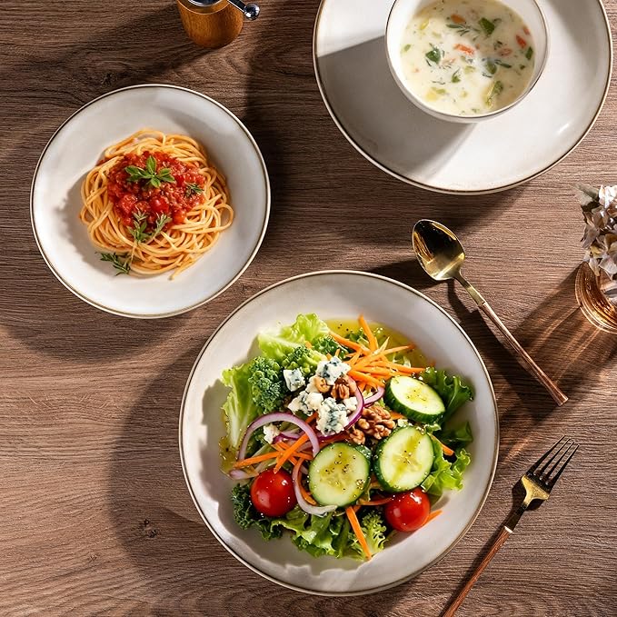 AmorArc Stoneware Dinnerware Sets for 8, 24 Pieces Handpainted Ceramic Plates and Bowls Set, Scratch Resistant Dishes Set, Dishwasher & Microwave Safe, Cappuccino