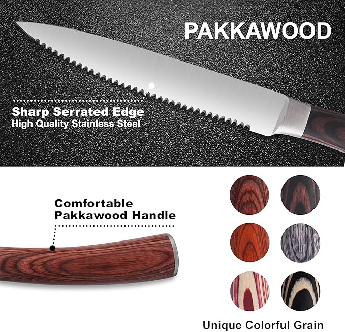 Pakkawood Steak Knives Set of 12, 12PCS Set of Stainless Steel Serrated Steak Knives with Pakka Wood Handle, Fine Edge Dinner Knife Set with Gift Box for Home Party