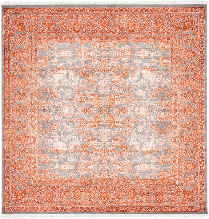 Unique Loom Traditional Classic Intricate Design Distressed Vintage Detail, Area Rug, 8' 0" x 8' 0", Terracotta/Gray