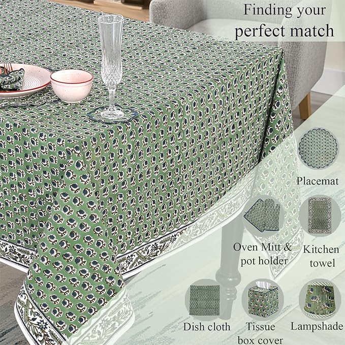 Ridhi Basil Green Hand Block Print Cotton Rectangle Tablecloth 118" x 70" inches Reusable Table Cover Decorative Everyday Use for Dining, Farmhouse, Home, Party, Festive, Wedding, Fall