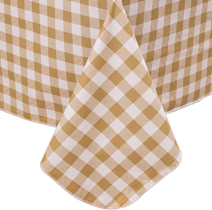 Heavy Duty Vinyl Tablecloth with Flannel Backing Waterproof Oil-Proof Plastic Table Cloth Stain-Resistant Wipeable Rectangle or Square Table Cover for Indoor and Outdoor (Khaki Checkered, 60x84 Inch)