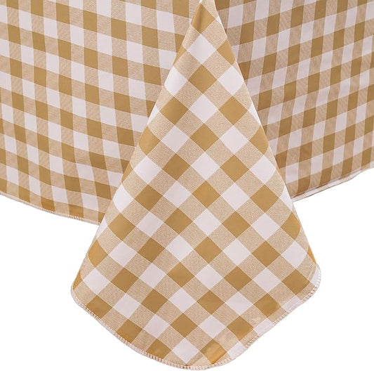Heavy Duty Vinyl Tablecloth with Flannel Backing Waterproof Oil-Proof Plastic Table Cloth Stain-Resistant Wipeable Rectangle or Square Table Cover for Indoor and Outdoor (Khaki Checkered, 60x84 Inch)