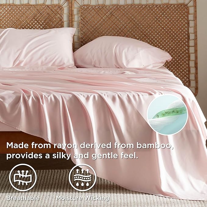 Bedsure California King Sheet Sets, Cooling Sheets for Hot Sleepers, Rayon Derived from Bamboo, Breathable & Soft, Deep Pocket Up to 16 Inches, Hotel Luxury Silky Bedding, Pink