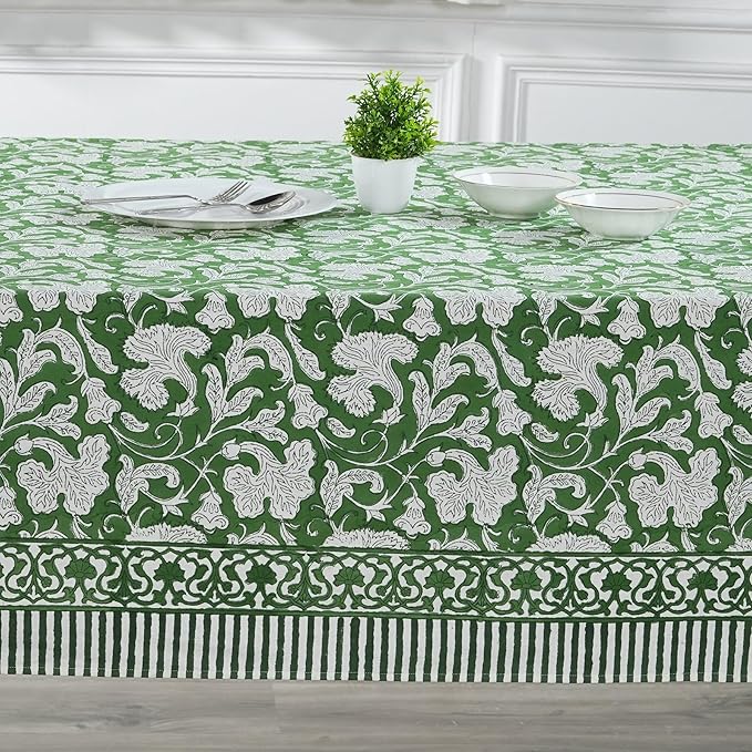 Ridhi Pantone Artichoke Hand Block Print Cotton Rectangle Tablecloth 118" x 70" inches Reusable Table Cover Decorative Everyday Use for Dining, Farmhouse, Home, Party, Festive, Wedding, Fall