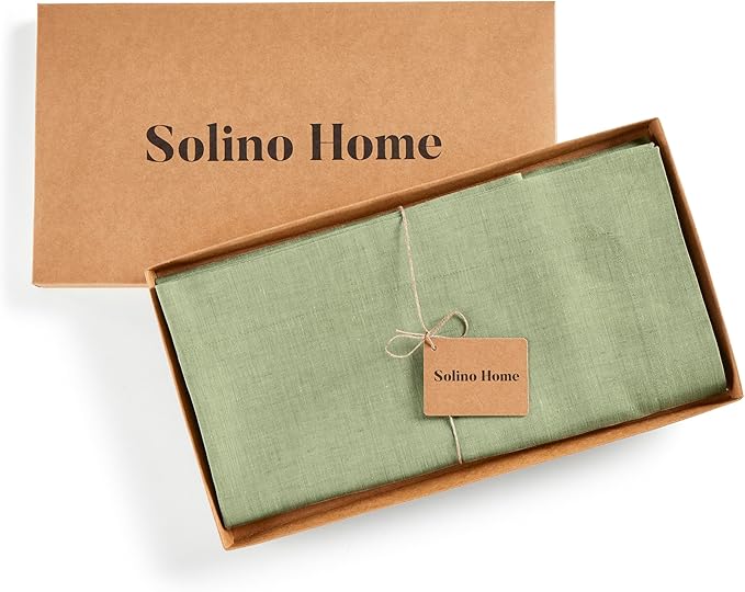 Solino Home Linen Cloth Tablecloth 52 x 52 Inch - 100% Pure Linen Chambray Olive Square Tablecloth - Athena, Machine Washable Table Throw for Christmas, New Year