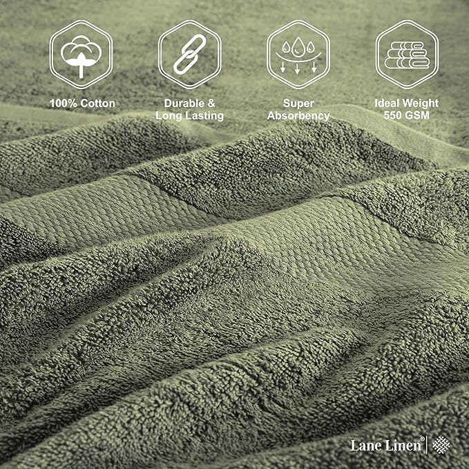 Lane Linen 100% Cotton Luxury Bath Towel Set - 16 Pieces - Ring Spun, Super Soft & Highly Absorbent - 4 Bath, 8 Washcloths, 4 Hand Towels for Bathroom - Minimal Lint & Fading, Pre Shrunk - Olive Green