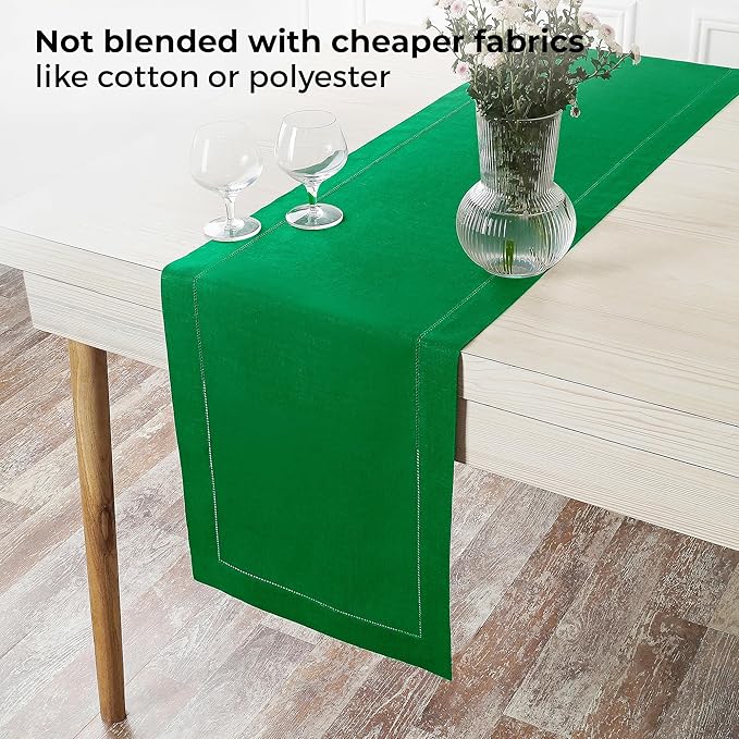 D'Moksha Homes Linen Kelly Green Table Runner 48 Inches - Classic Hemstitch, 100% Pure Linen Coffee Table Runner 14 x 48 Inch Ideal for Dresser Tables - Winter, Holiday, New Year